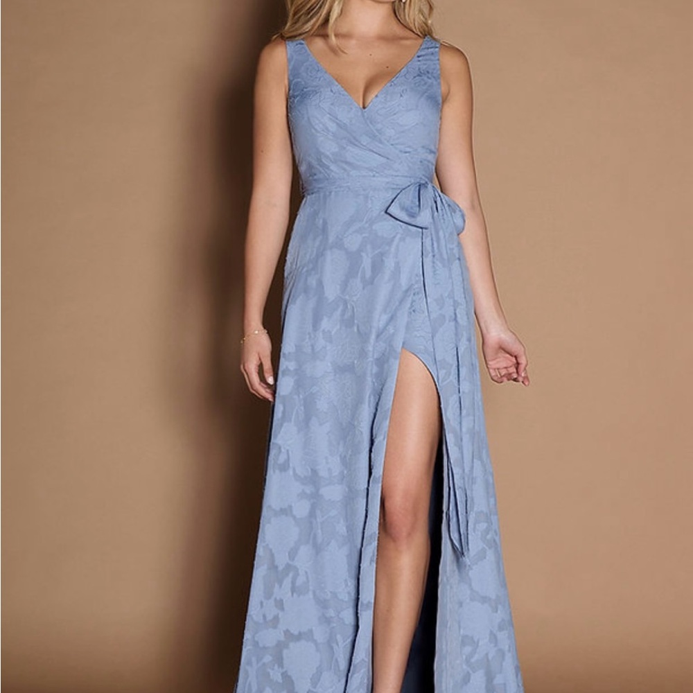 Azazie Auden Dress Blue Floral Wrap Gown with Side Slit